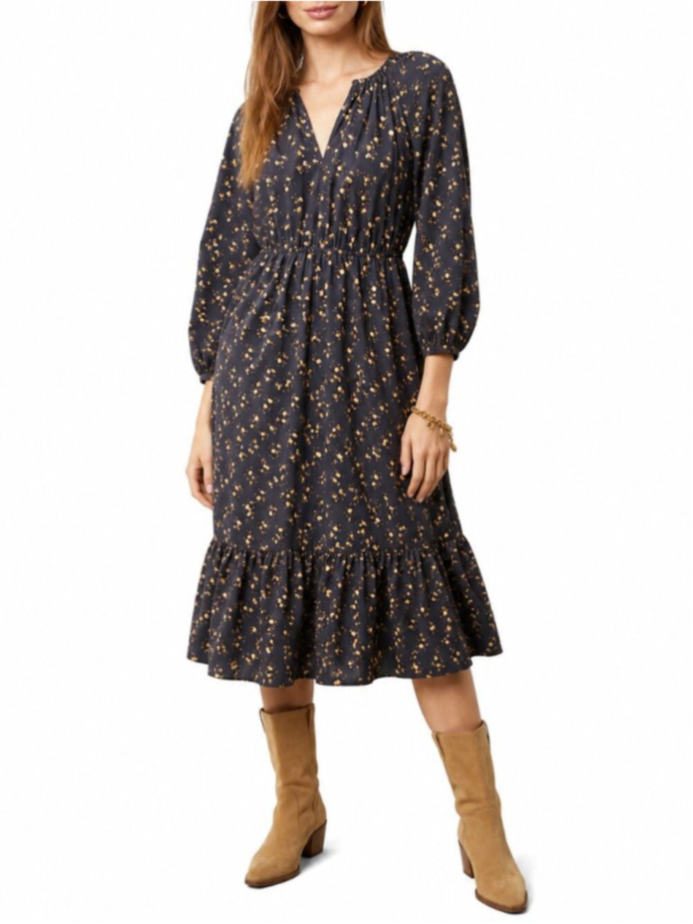 RAILS Sal Midi Dress Dark Romantic Floral XS 3/4 Puff Sleeve Ruffle Clasp Neck
